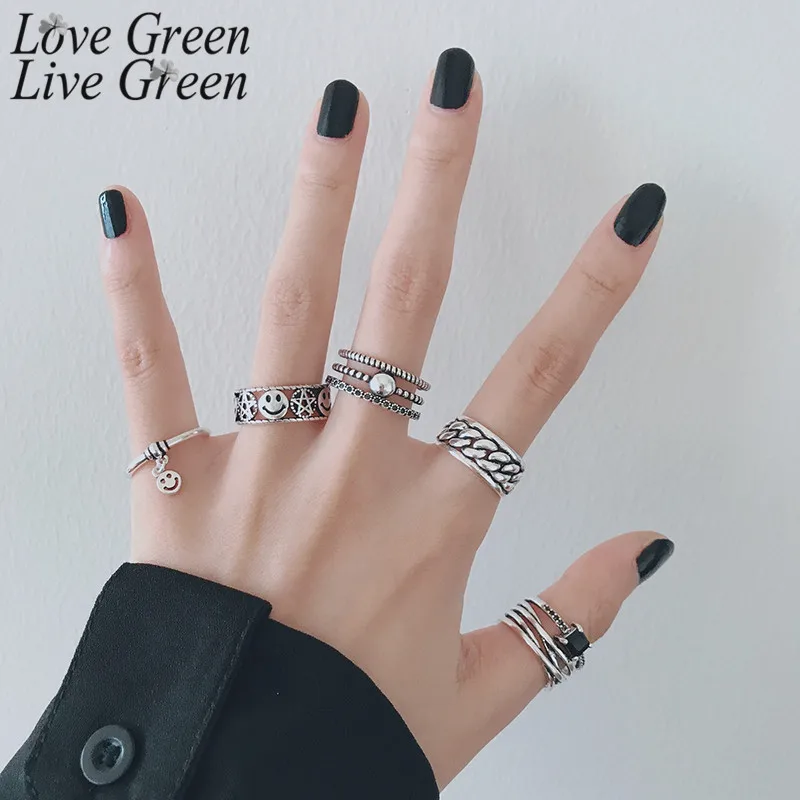 Ретро смайлик кольца с металлической цепочкой &quotжемчугом&quot Слои женский Ins