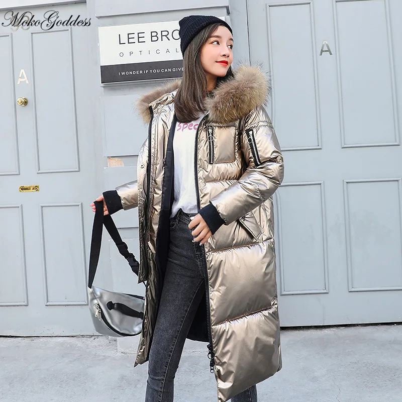 MokoGoddess модные зимние женские длинные глянцевые пуховики с большим меховым
