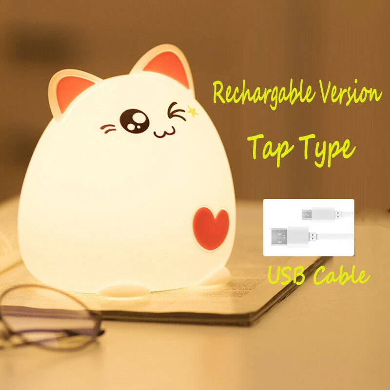 

New Cat USB Charge Silicone LED Night Light Cartoon Nursery Lamp Baby Rechargable Naughty Cat Silicone Night Lamp Children Toy