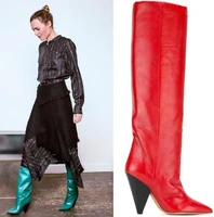 2021 sexy ladies shoes woman leather winter rain boots high heels pointed toe laith knee high boots spike heels red green blue