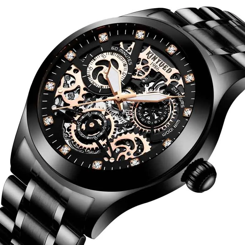 Gold Black Steel KINYUED Мужские автоматические механические часы с ветром, светящаяся вакуумная кофеварка, мужские золотые водонепроницаемые horloges mannen - Цвет: Gold Black Steel