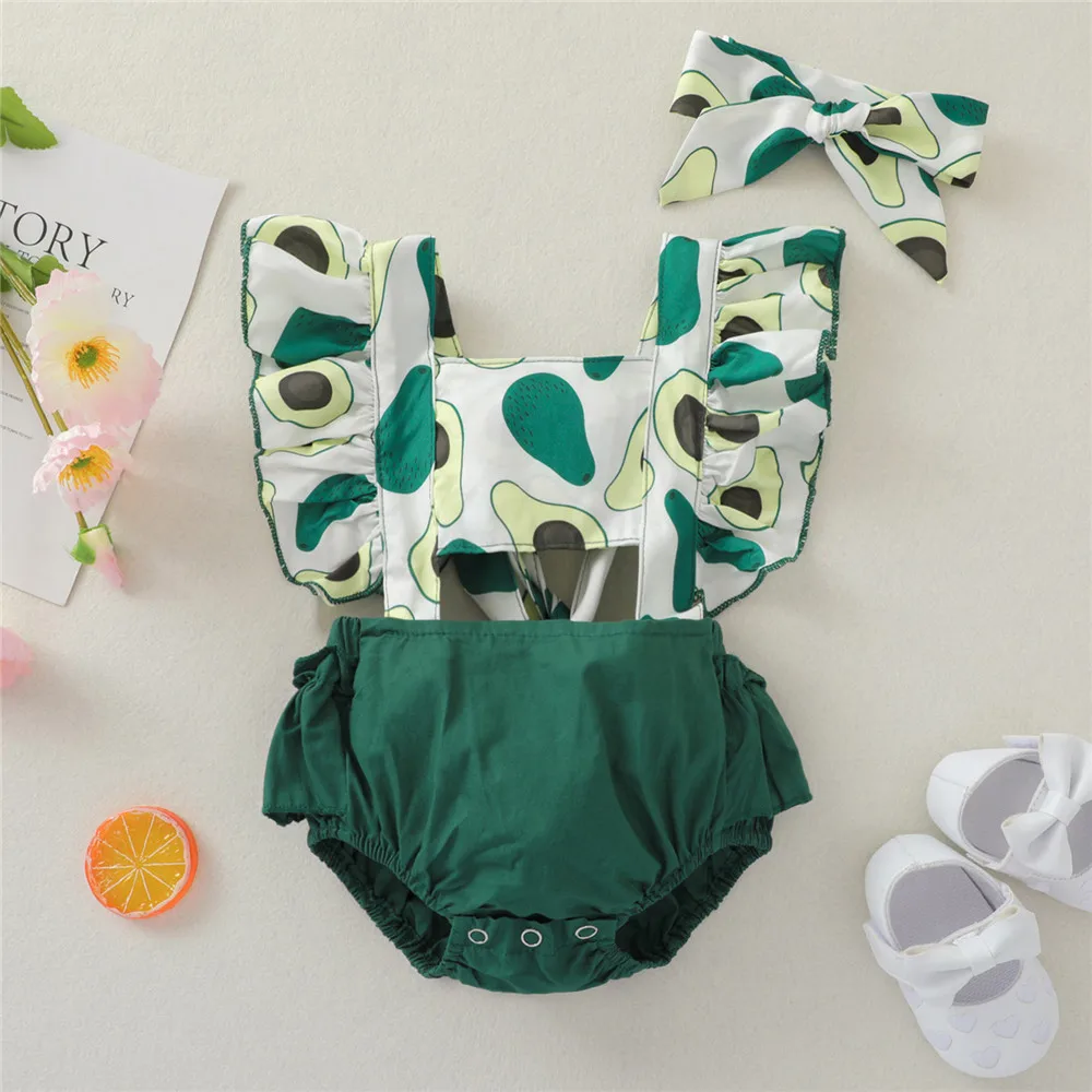 

Infant Baby Girls 2Pcs Summer Outfits, Ruffle Sleeve Print Romper with Headband Set Little Girls Summer Fashion Romper