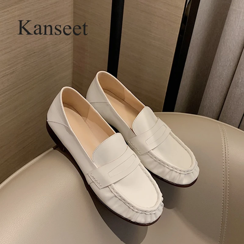 

Kanseet 2021 Women Pumps Spring Autumn New Handmade Concise Genuine Leather Casual Round Toe Comfort Low Heels Daily Women Shoes