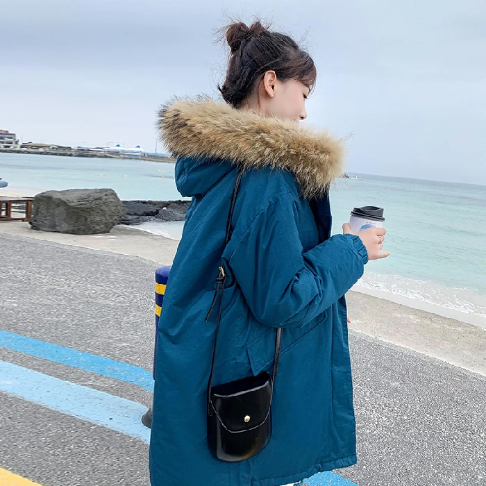 Winter New Down Dress Student's Long-style Large-collar Hat Korean Edition Loose And Thickened Bf Cotton-padded Coat | Женская