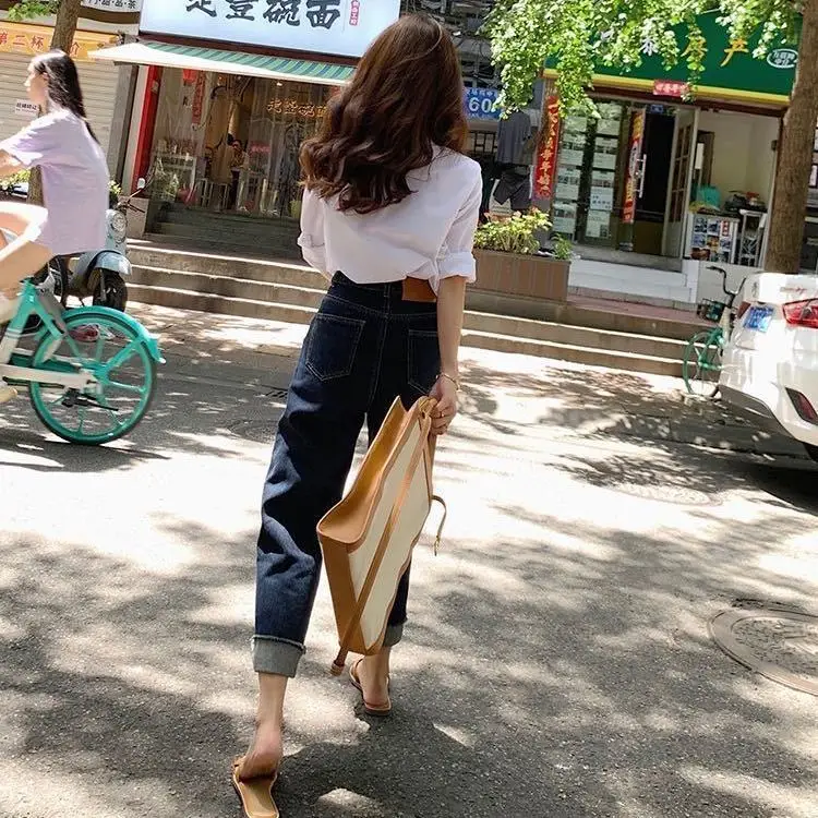 

Джинсы 2021 осень темно-синие джинсы с высокой талией свободные повседневные Прямые брюки женские тонкие