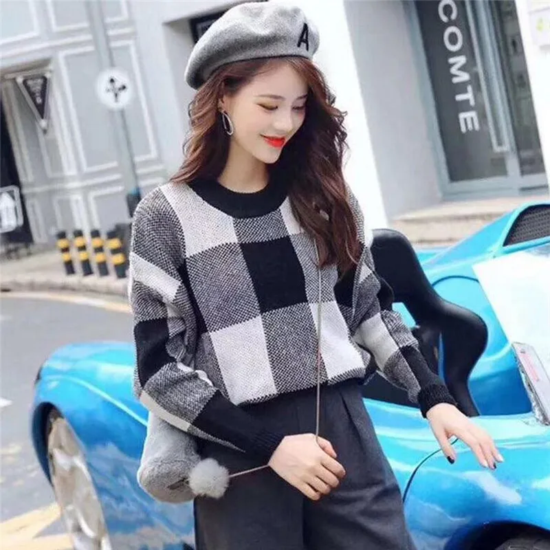 Winter Black white Lattice Sweater 2019 Women New Fall Classic O-Neck Tops Womens Leisure Jumper Knitted Pullovers #40 | Женская одежда