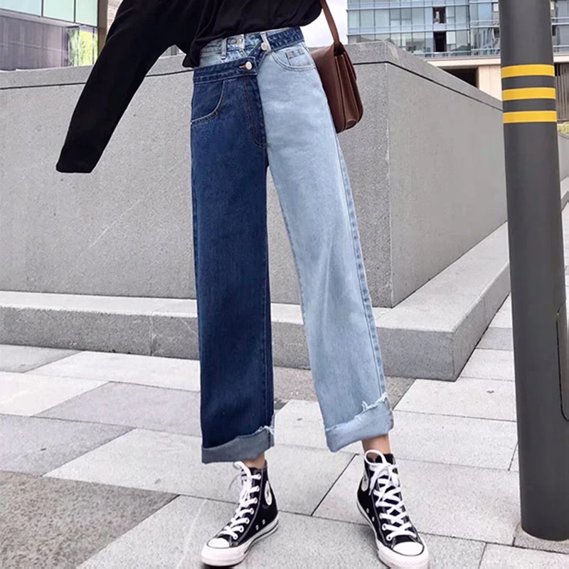

Осенние женские джинсы Y2K с высокой талией в уличном стиле джинсовые брюки контрастных цветов брюки винтажная уличная одежда для бойфренда