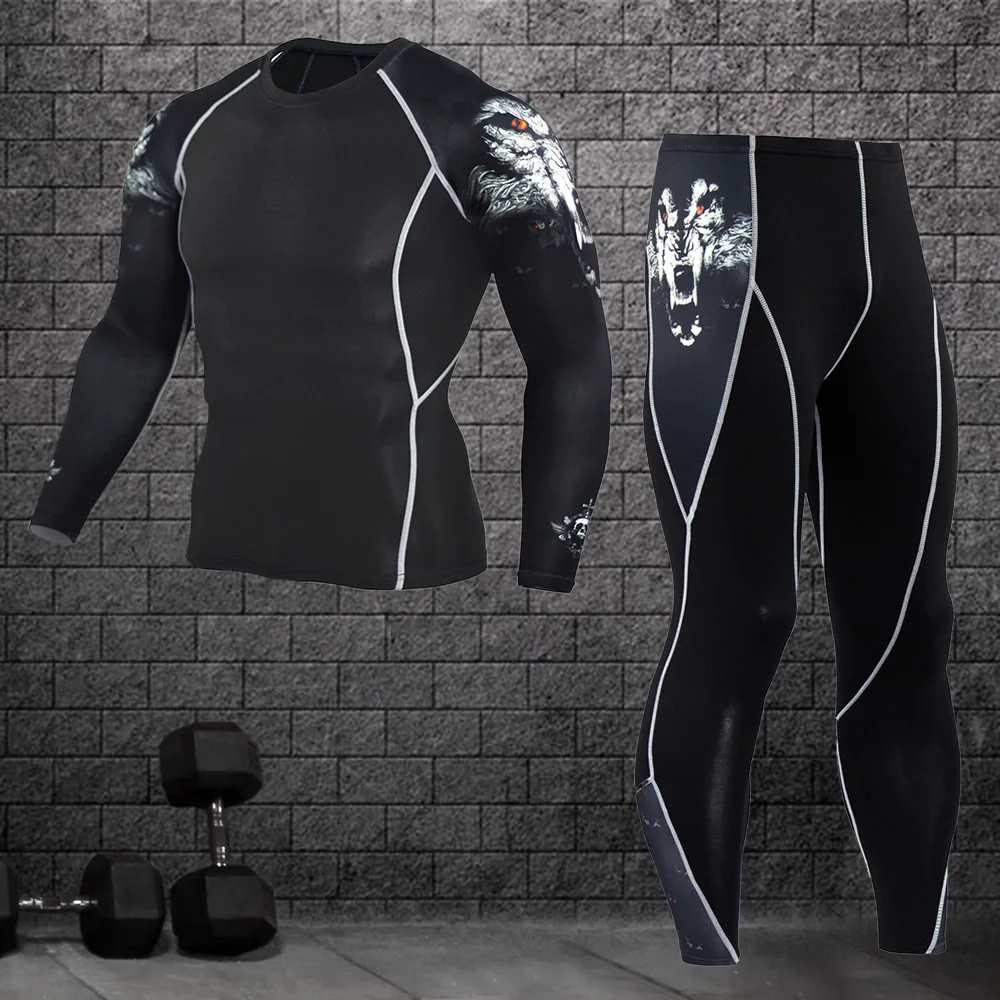 Мужской спортивный компрессионный комплект для бега футболка + обтягивающие