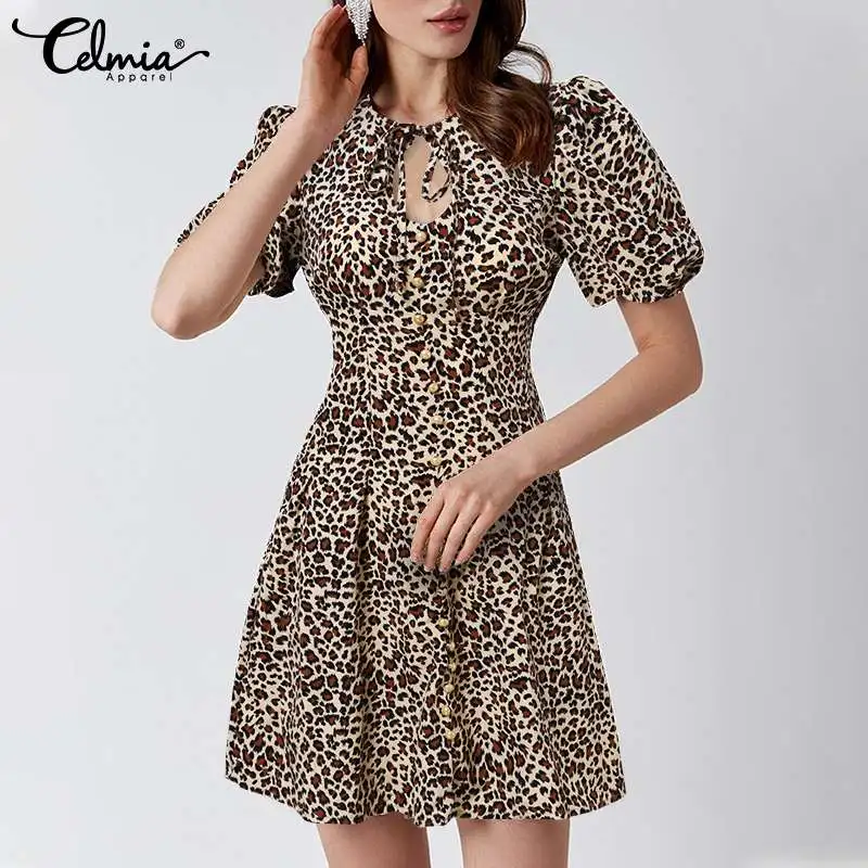 

Women Leopard Print Mini Dress Celmia Elegant Puff Short Sleeve Hollow Out Buttons Vestidos 2021 Summer Waisted Short Sundress
