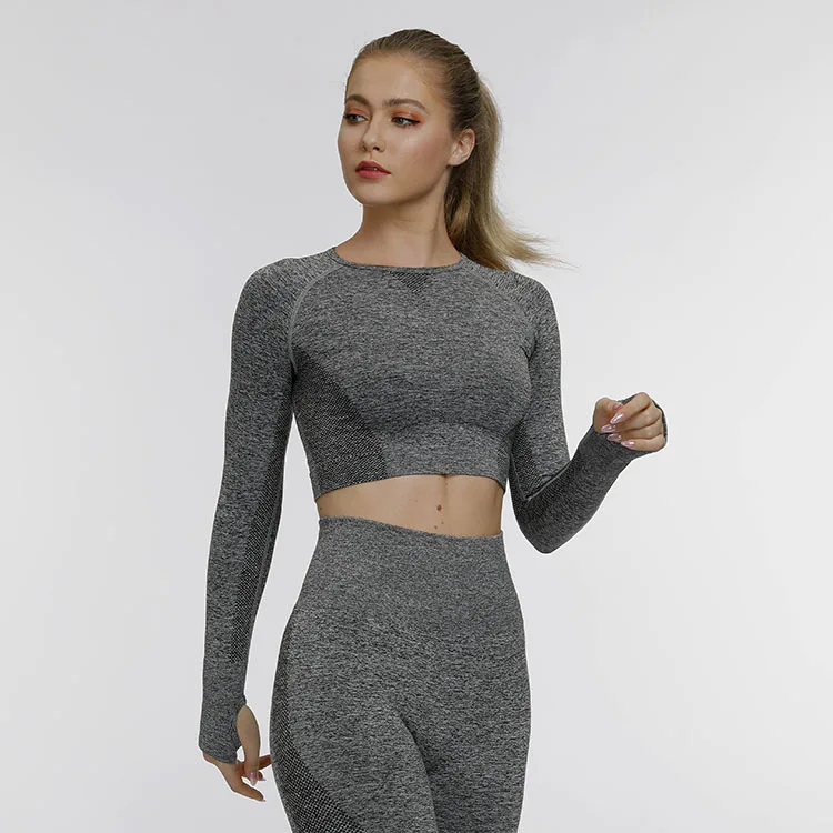 

Autumn And Winter Cross Border European And American Jacquard Yoga Top Fitness Tight Exercise Long Sleeve Seamless Yoga Clothing