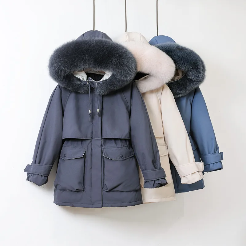 Thick Warm Parkas Women Winter Jacket Large Natural Fur Hooded Drawstring Waist Winter Coat Women Jacket Female Outerwear