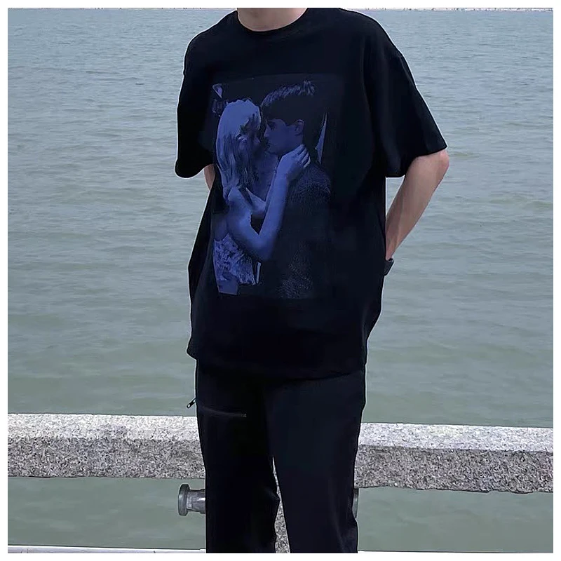 

European street punk style RAF SIMONS 1:1 high quality 100% cotton short sleeve men's character printed T-shirt women's top
