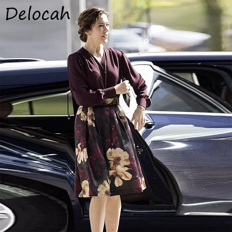 

Delocah/Новинка 2021, осенняя Женская модная подиумная юбка, комплект, свободная рубашка с рукавами-фонариками + юбка трапециевидной формы с высо...