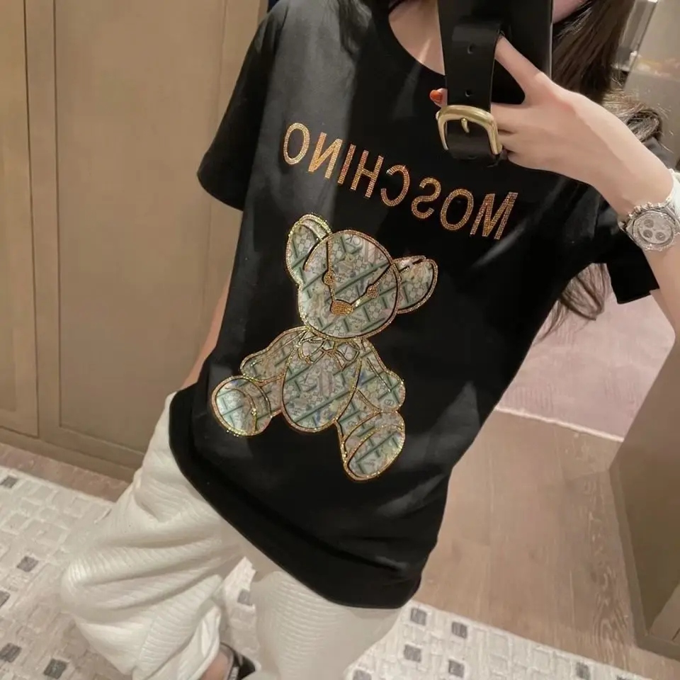 

2021 New High-end Heavy Industry Loose T-shirt Hot Drill Bear Medium Length Top Casual Versatile Trend Short Sleeve