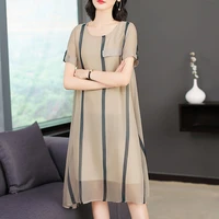 summer silk elegant fashion women dresses new style round collar and short sleeve printed designs loose lady dress a line