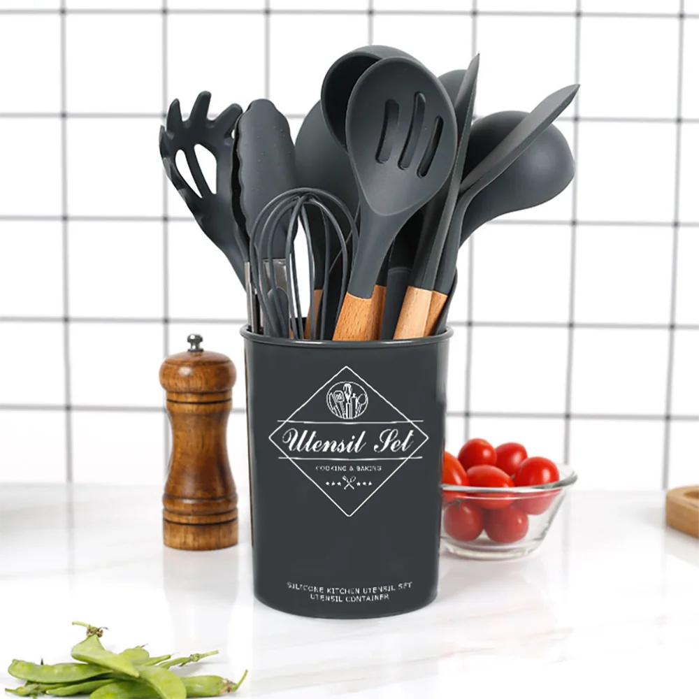 

12Pcs Non-Stick Silicone Cooking Utensils Set with Wooden Handle Cooking Tools Spatula Soup Spoon Kitchenware