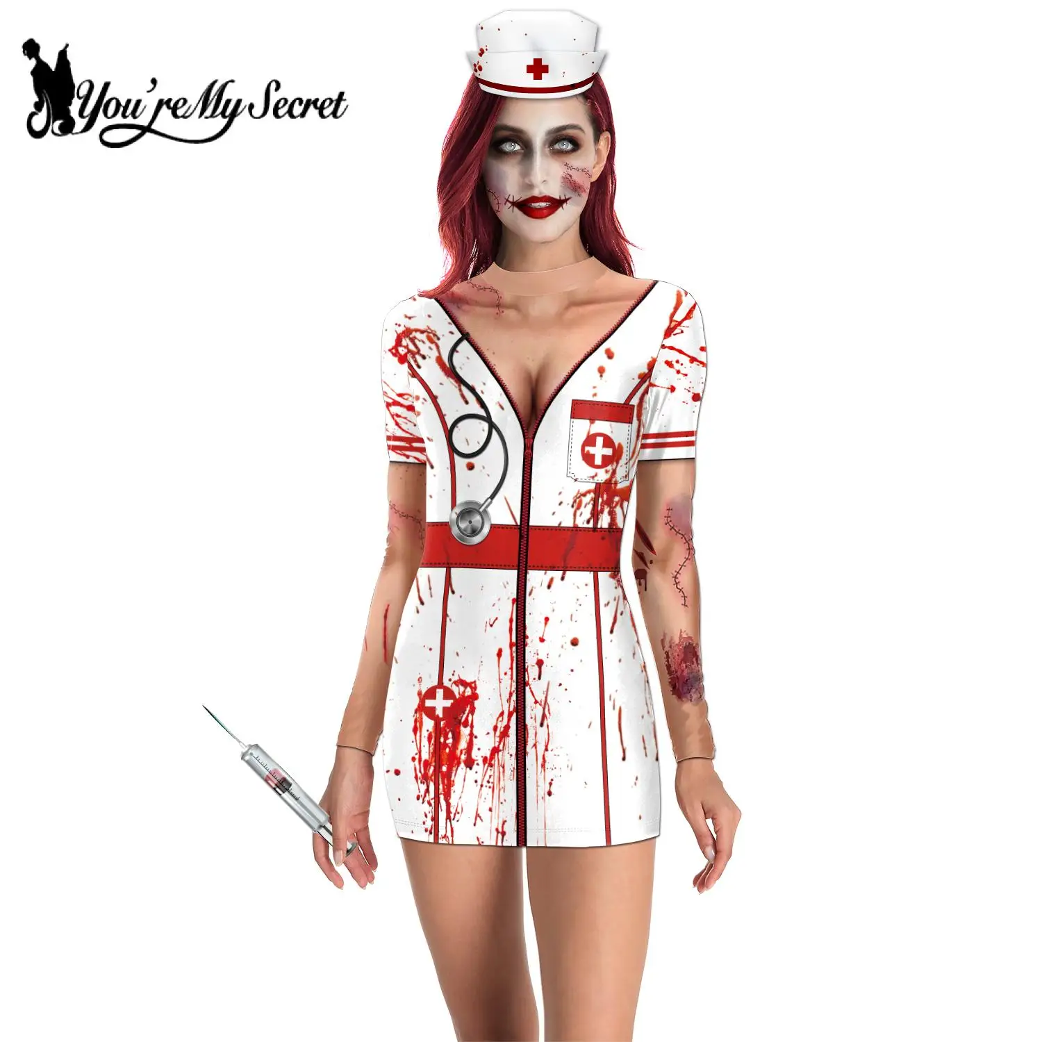 

[You're My Secret] Women Cosplay Doctor Uniform Halloween Dress Slim Long Sleeve Scary Sexy Print Female Dress Streetwear Female
