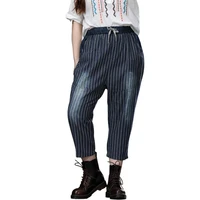 spring summer plus size women denim harem jeans pants elastic waist striped fashion casual ankle length baggy trousers for woman