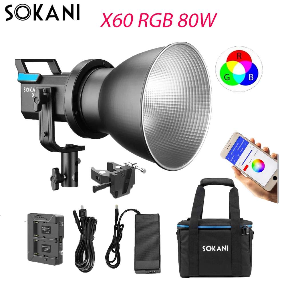 Светодиодсветильник лампа для видеосъемки Sokani X60 RGB 80 Вт 2800K-10000K крепление Bowens CRI96