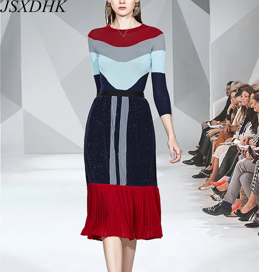 

JSXDHK New Fall Winter Knit 2 Piece Set Runway Hit Color Knitted Thin Sweater Tops + High Waist Bright Silk Pleated Skirts Suit