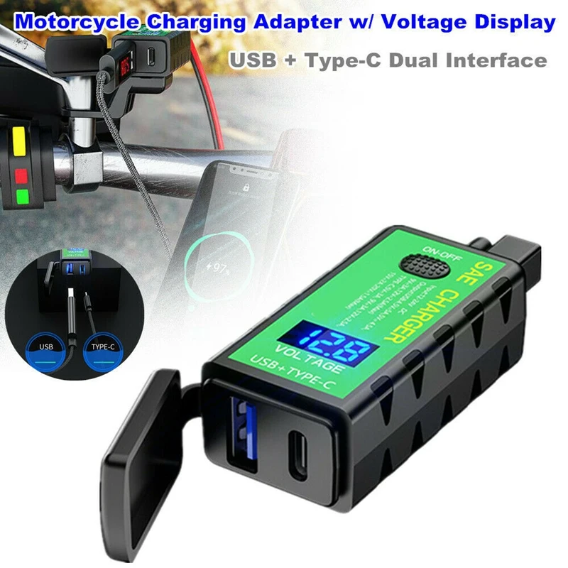 

Адаптер для зарядки с дисплеем напряжения мотоцикла USB + зарядное устройство с двумя интерфейсами Type-C