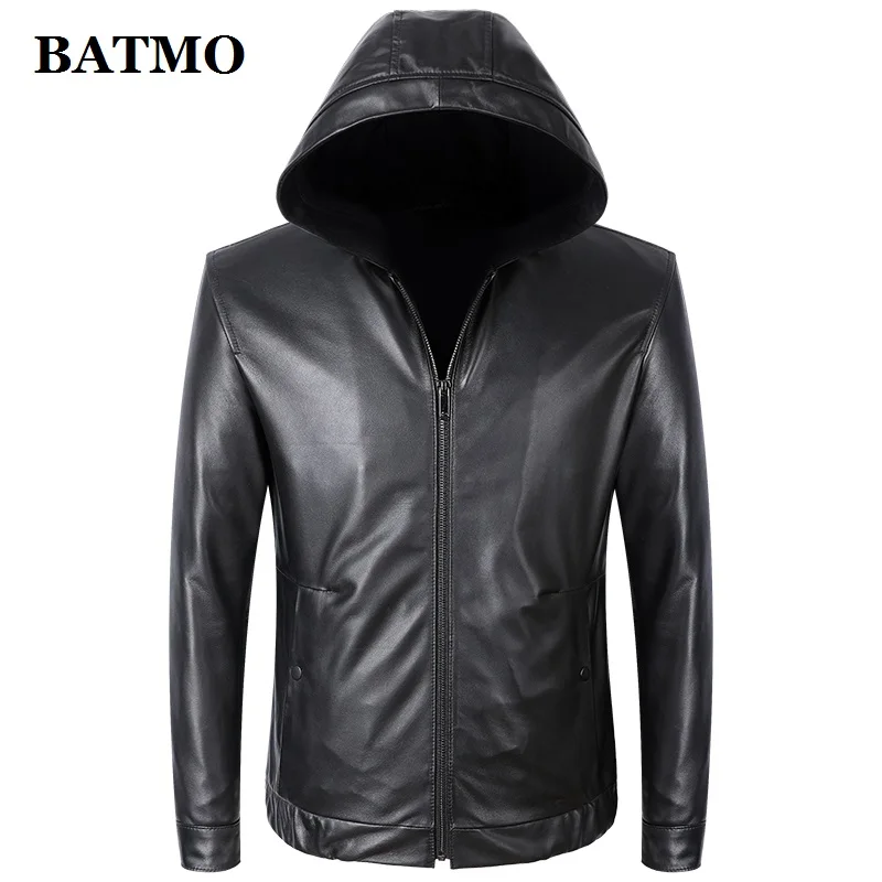 

BATMO 2021 new arrival spring high quality Genuine Leather hooded jackets men,male natural sheepskin real leather coat,TB 05