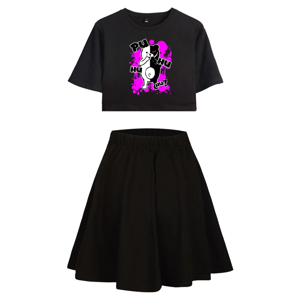 

Dangan Ronpa Fashion cool two Piece Sets Short Sleeve+Short Skirt Harajuku Basic Summer Street Casual Women Sets Navel