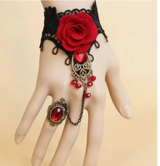 

Women's Bracelet Fashion 2020 Vintage Lace Red Rose Metal Necklace Lace Material Metal Charm Bracelet