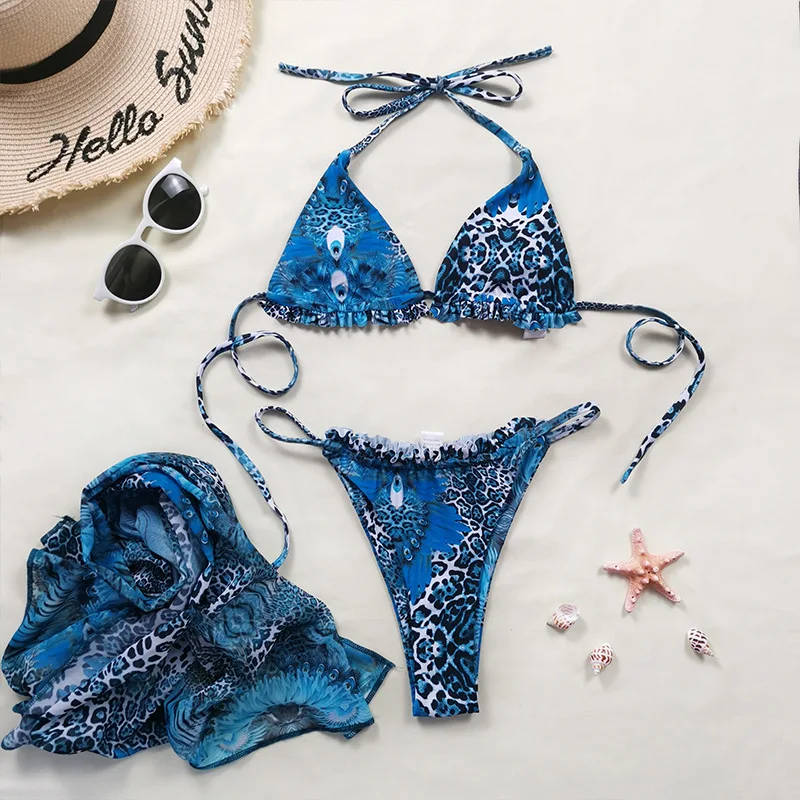 

3 Piece Bikini Set Women Swimsuit With Cover Up High Cut Thong Bandeau String Bathing Suit Push Up Female Micro Bikini 2021