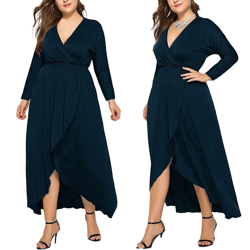2019 Fashion Women's Casual Plus Size 5 XL V-neck Sukienki Damskie Solid Color Long-Sleeved Asymmetric Dress | Женская одежда