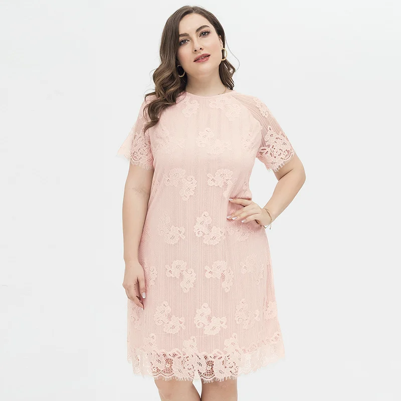 Vestido elegante de talla grande para mujer, moda de verano, de encaje, suelto, de oficina, manga corta, Para Boda y fiesta de noche