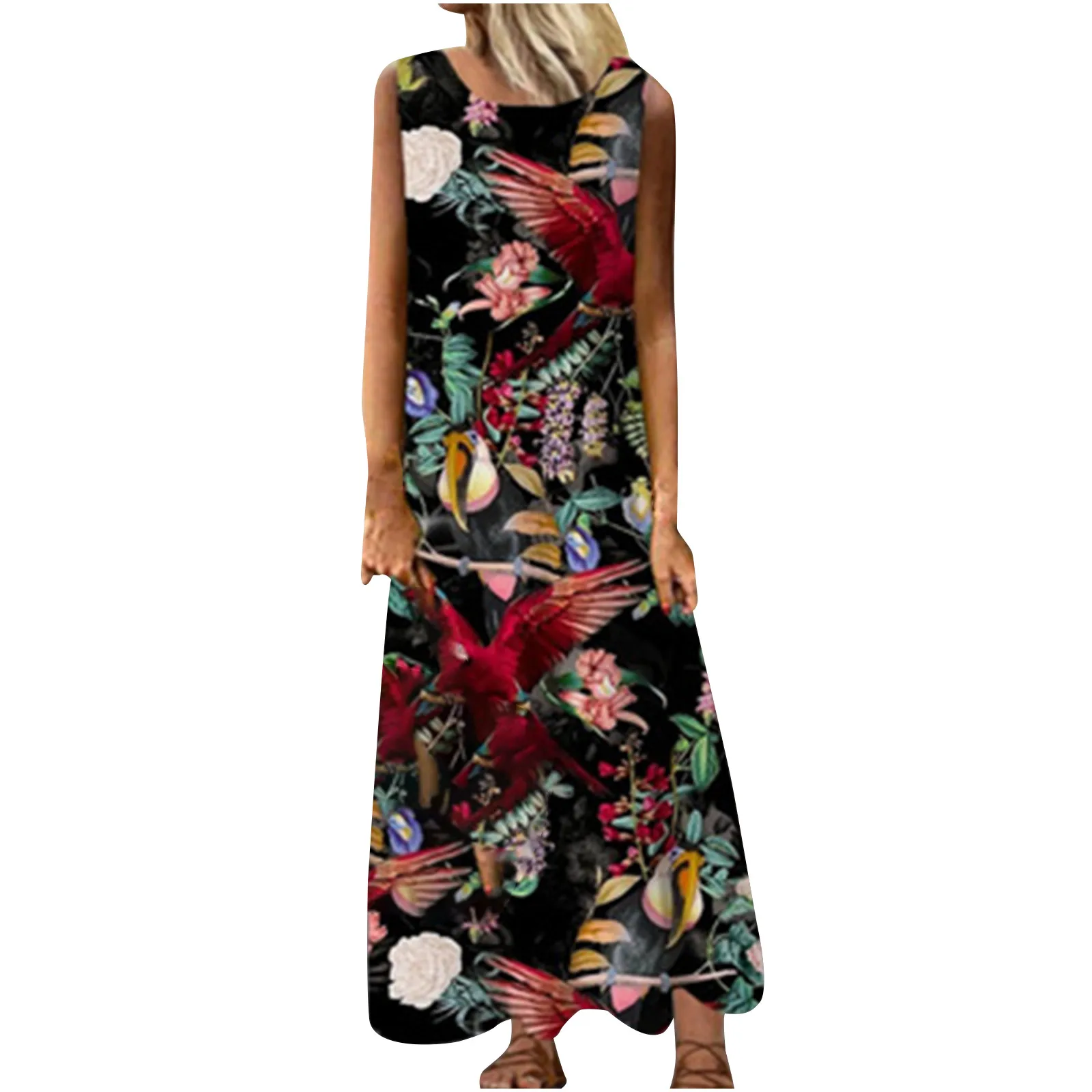

Plus Size Long Dress 2021 Summer Women Fashion O-Neck Sleeveless Print Party Bench Dress woman elegant Maxi Dresses