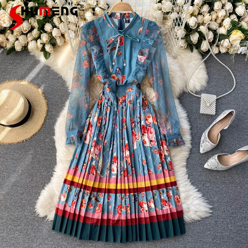 

Женское Плиссированное Платье, кружевное платье до середины икры с длинным рукавом и оборками, модное платье в Корейском стиле с круглым вы...