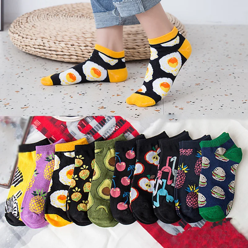

Funny Cartoon Fruit Socks Cute Girls' Happy Animal Fruit Foods Short Socks Penguin Fried Omelette Strawberry Pineapple