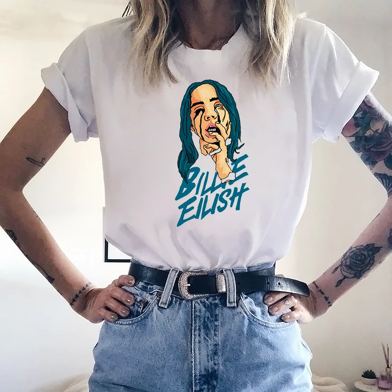 Черный Женская футболка Billie Eilish, футболка Camisetas Verano Mujer, Harajuku, модная футболка размера плюс, короткая футболка для девочек с круглым вырезом - Цвет: Черный