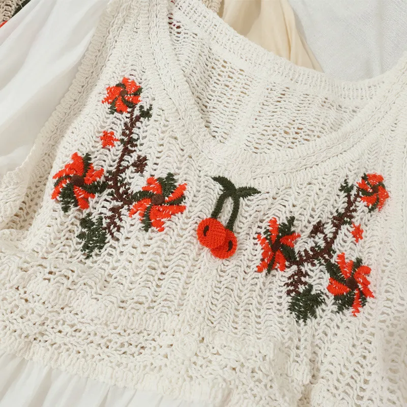 

2021 Vintage Women Blouse Summer Short Sleeve Small Cherry Embroidery Shirts Flower Crochet Women's Clothing Chiffon Short Tops