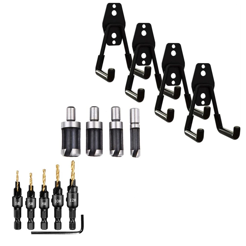 

4Pcs Garage Storage Hooks Utility Double Hooks With 14Pcs Countersink Drill Bit Wood Plug Cutter Screw Drilling Holes