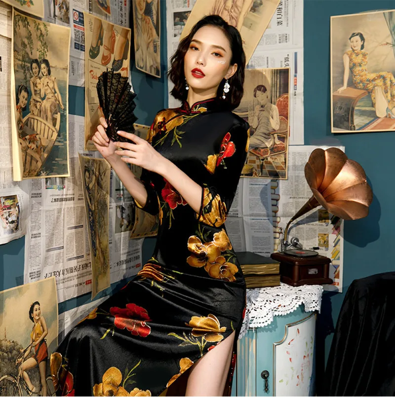 Осенняя одежда 5XL 4XL черный Чонсам с цветами вельветовое платье гибкие Qipao женские Chipao китайские винтажные Длинные платья эластичные силы