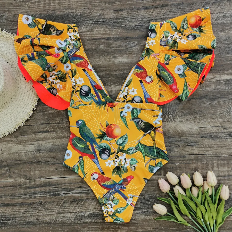 

Top Quality Sexy Ruffle Print Floral One Piece Swimsuit Women Slim Elegant Swimwear High Waist V-neck Bathing Suit Female 2021
