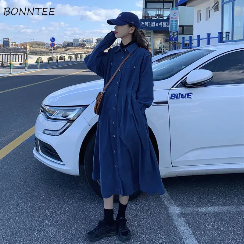 

Платье с длинными рукавами для женщин синий платье трапециевидной формы на каждый день BF карманная миди юбки с завышенной талией в Корейско...