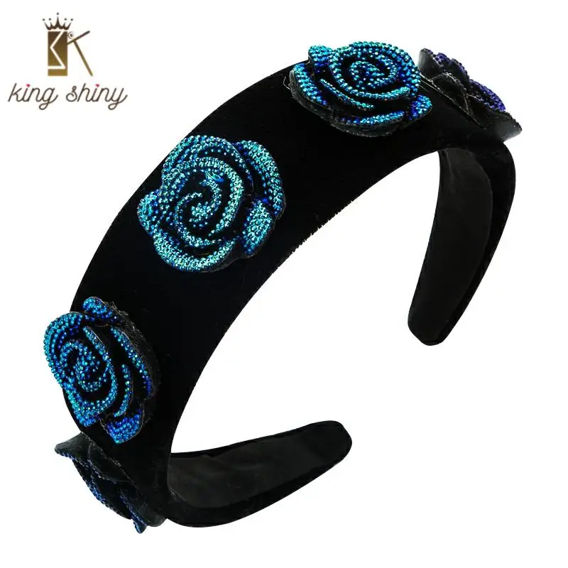

Elegant Baroque Blue Rose Headband for Woman Vintage Colorful Rhinestone Velvet Hairband Female Party Hair Accessories Headwear