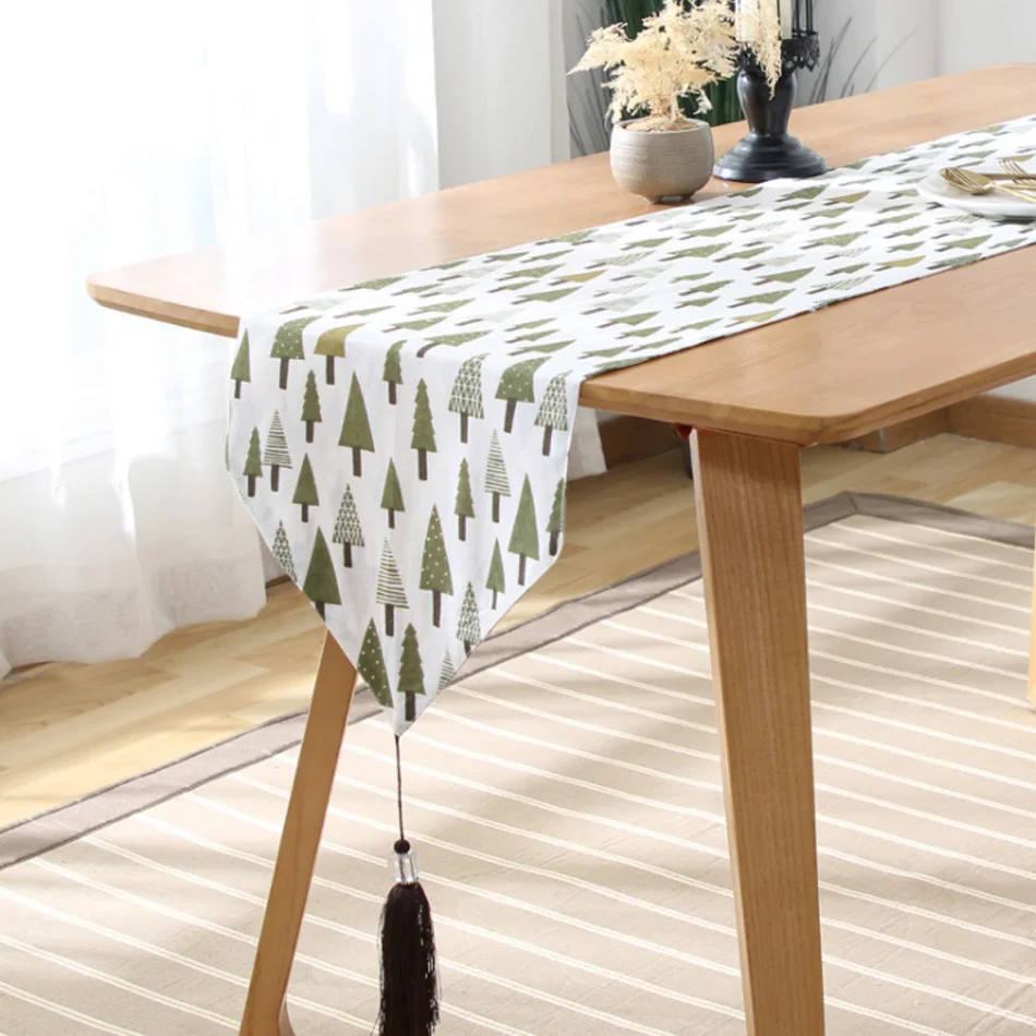 

Nordic Wind Trees Landscape Cotton And Linen Table Runner Japanese Tassel Edge Dining Table TV Cabinet Cover Cloth Decoration