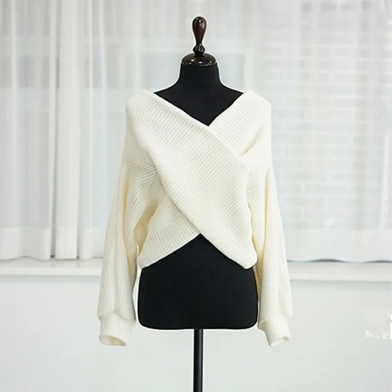 HziriP 2020 OL Sexy Crop Tops Loose Sweater Woman Long Sleeve V Neck Solid Women Sweaters And Pullovers Knitted Jumpers Female | Женская