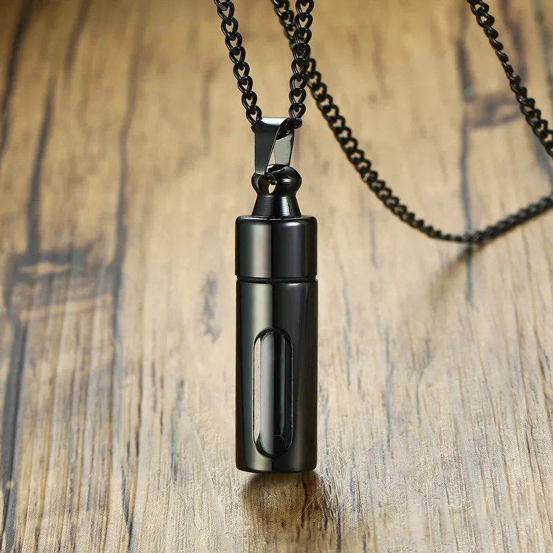 KOtik Men Glass Cylinder Aromatherapy Essential Oil Perfume Pendant Necklace Cremation Stainless Steel Male choker Jewelry
