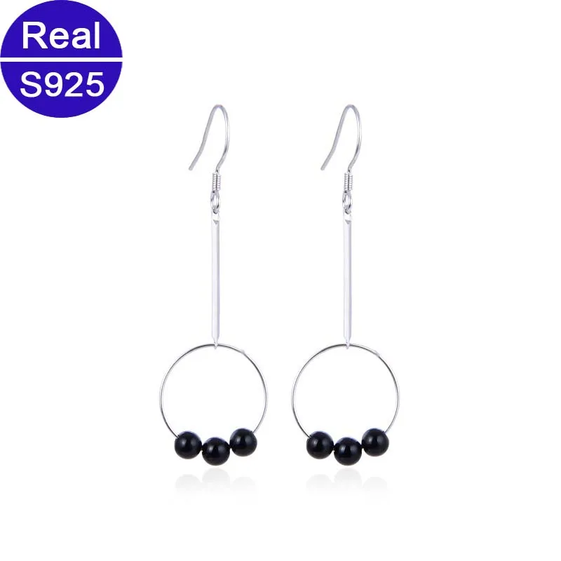 

Real S925 Fine Jewelry Fashion Elegant Tredny Long Silver Earrings Drop Round Circle With Crystal Beads Eardrop For Women