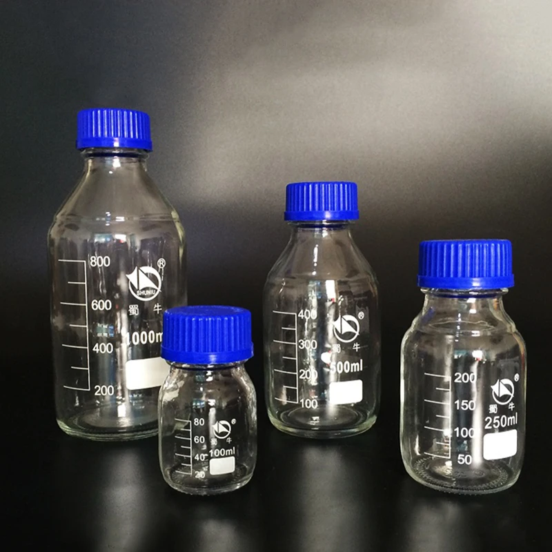 Glass Blue Transparent Reagent Bottle 100/250/500/1000ml Screw Mouth Scale Lab Sampling Bottle Transparent silk mouth bottle