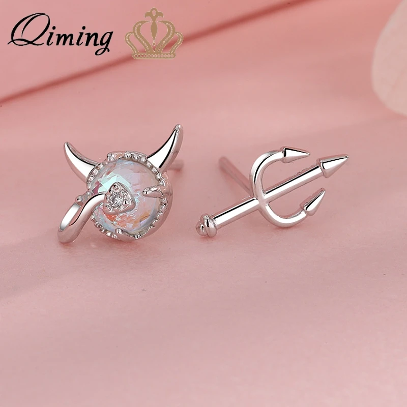 

QIMING fashion Devil Stud Earrings Women Cute Simple Hipster Moonstone Asymmetric Crystal Earrings Statement Jewelry