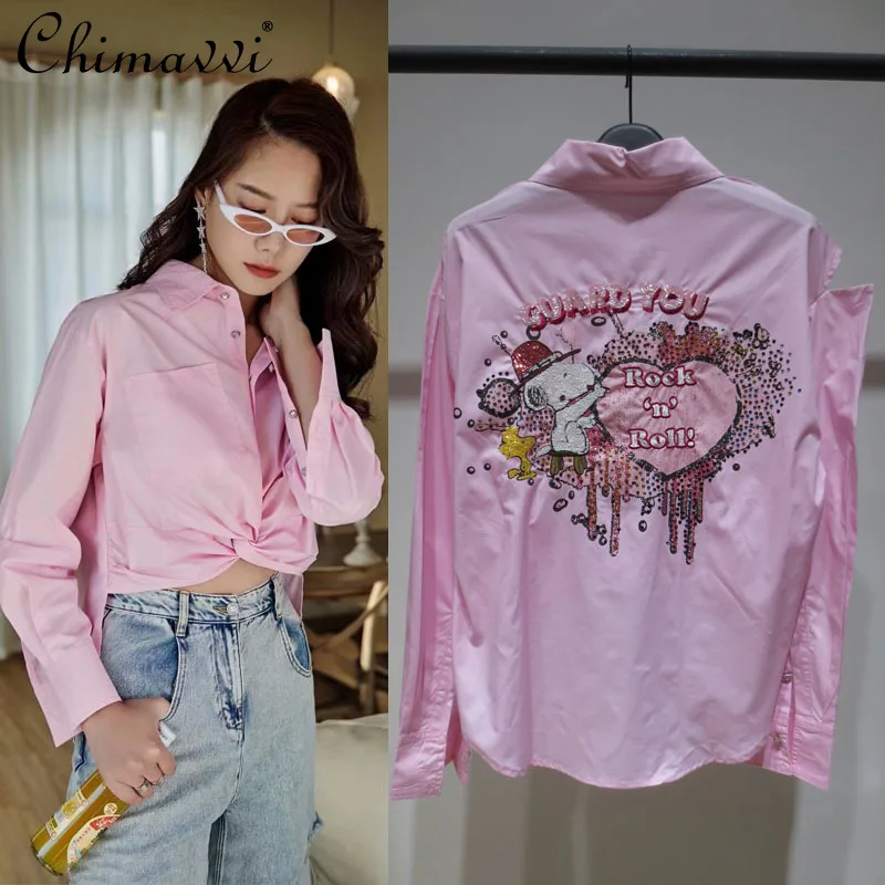 

Весна 2021, новинка, блузка с вышитыми блестками и мультяшным принтом Стразы, женская рубашка с перекрученным узлом, приталенный розовый топ