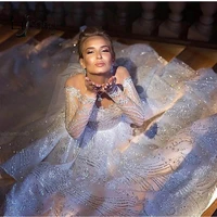 dubai luxury sparkle wedding dresses full sleeves beaded lace sequined ruffles ball gowns modest bridal dress casamento 2019