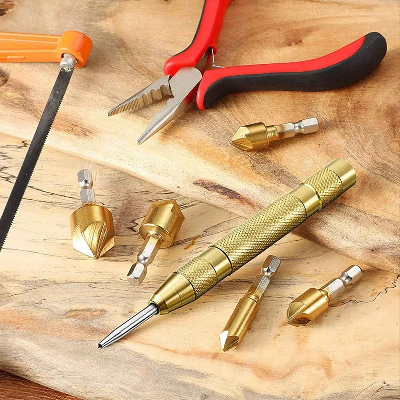 

13Pcs Drill Bits 1/4 Inches Hex Shank 5 Flute Countersink Center Punch Tool with 4Pcs Garage Storage Hooks ,Heavy Duty